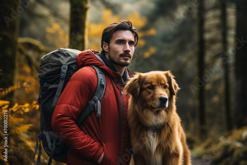 male hiker and his dog on the mountain  bokeh style background © toonsteb
