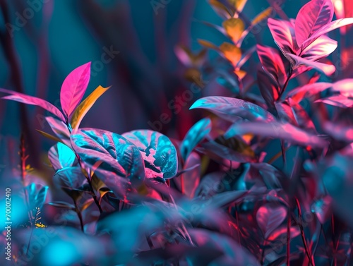 3d illustration of tropical leaves in neon light. 3d rendering Generative AI © AlexandraRooss
