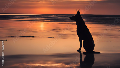 silhouette of a dog on the sunset in the sea