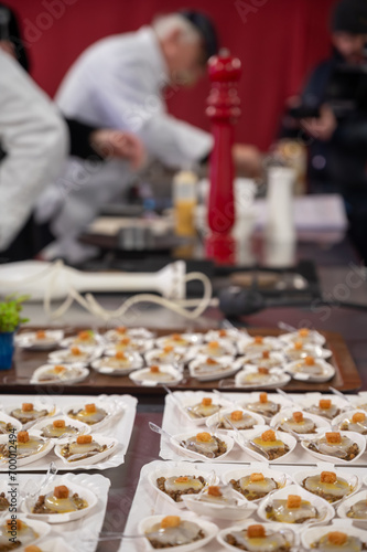 Degustation appetisers for visitors made by great chefs of high cuisine French restaurants, winter festival, Avenue de Champagne, Epernay, France