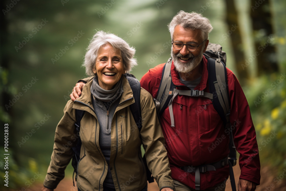 old couple hiking in the forest bokeh style background