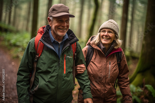 old couple hiking in the forest bokeh style background