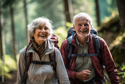 old couple hiking in the forest bokeh style background