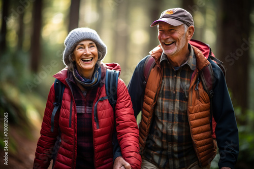 old couple hiking in the forest bokeh style background