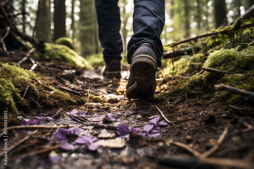 close up of hiker's shoes walking in the forest bokeh style background close up of hiker's shoes walking in the forest bokeh style background