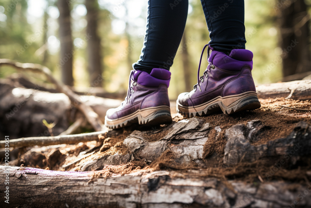 close up of hiker's shoes walking in the forest bokeh style background close up of hiker's shoes walking in the forest bokeh style background