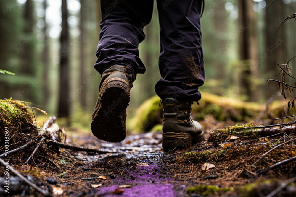 close up of hiker's shoes walking in the forest bokeh style background