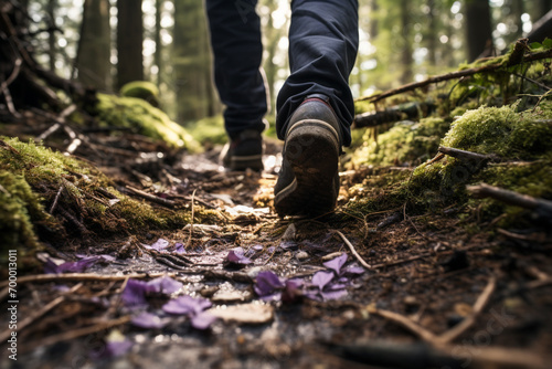 close up of hiker's shoes walking in the forest bokeh style background