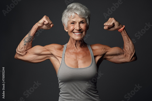 an elderly woman show her muscle on dark background