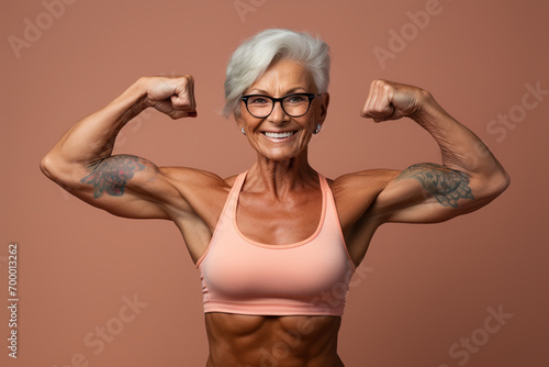 an elderly woman show her muscle on brown background