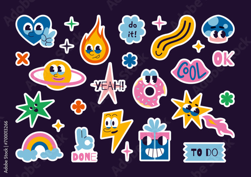 Set of stickers for planner and diaries, vector flat illustration. Comic groovy characters such as heart, emoji and stars in space, cartoon trendy image. 70s funny cute retro sticker pack