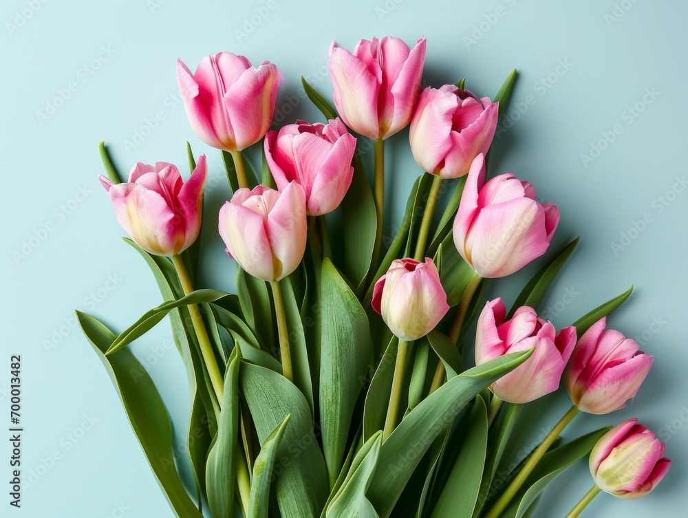 Bouquet of pink tulips on blue background. Flat lay, top view Generative AI