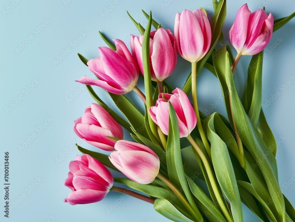 Bouquet of pink tulips on blue background. Top view. Generative AI Bouquet of pink tulips on blue background. Top view. Generative AI