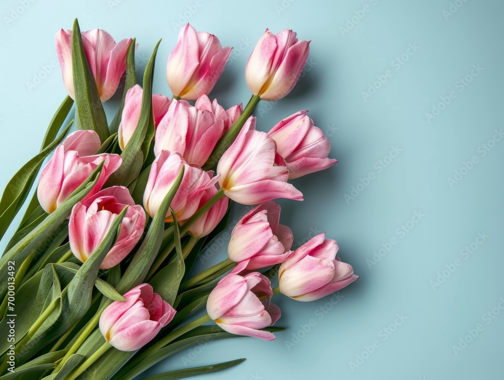 Obraz premium Bouquet of pink tulips on blue background. Top view. Generative AI