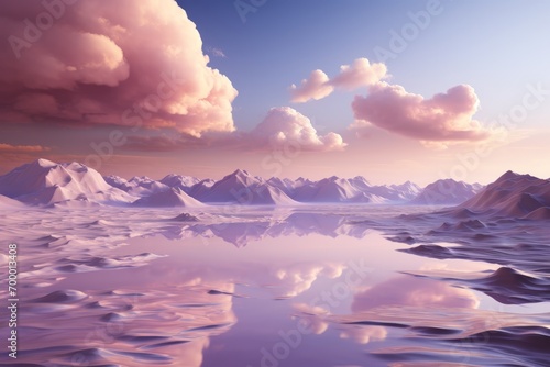 Ethereal Panoramic Landscape with Blush Pink Clouds, isolated on Lavender background, Generative AI