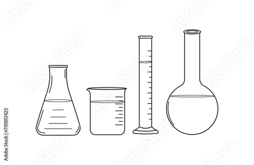 Hand drawn Vector illustration set of  medical chemical glass, beaker glass,erlenmayer flask scientific in doodle style
