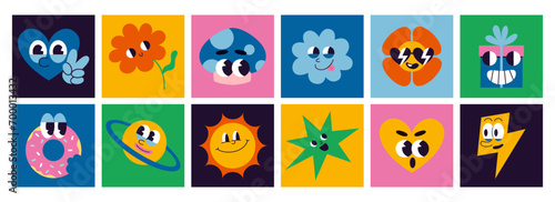 Set of various comic groovy characters, cartoon style. Square colorful icons. 70s funny cute retro stickers collection. Trendy modern vector illustration, hand drawn, flat design