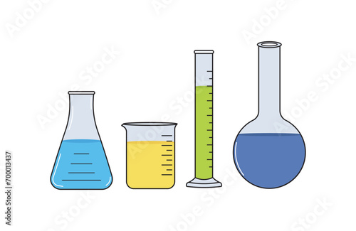 Vector illustration set of  medical chemical glass, beaker glass,erlenmayer flask scientific in doodle style