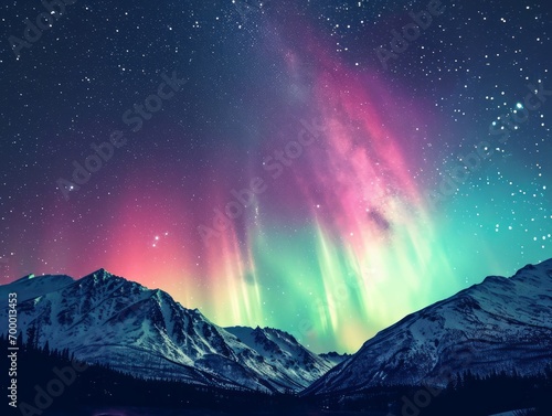 Northern lights in the night sky. Aurora borealis in the mountains. Generative AI