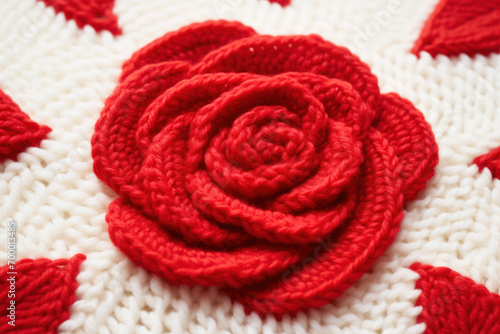 Close-up photo of a flat-knitted woolen piece with a white background, featuring a red rose pattern as part of the knitting scheme