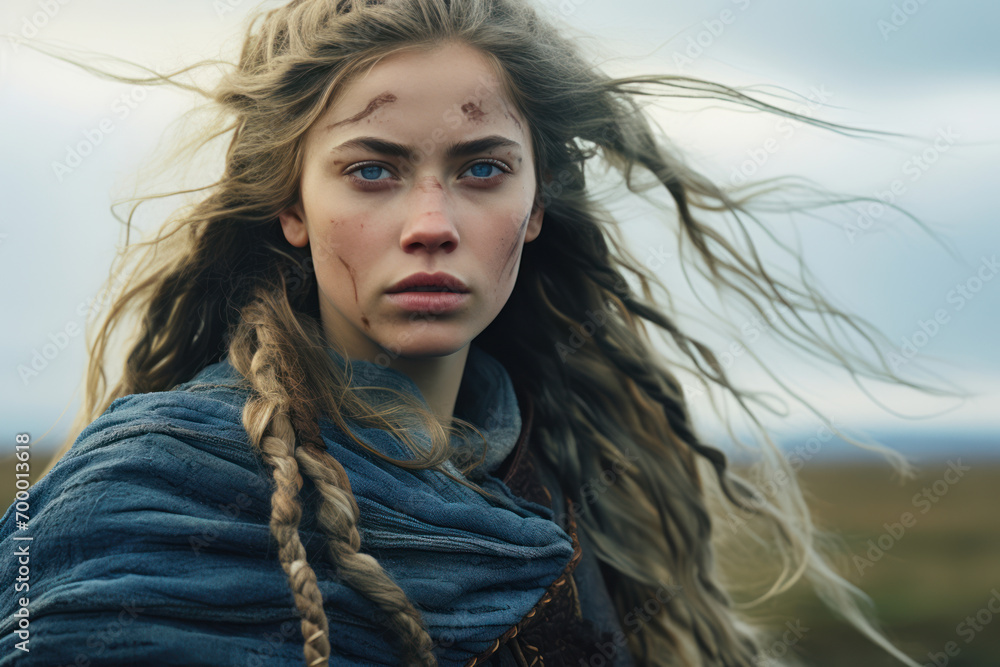 Viking shieldmaiden, a woman in her early 25s, sporting elaborate braids wrapped around her head and striking blue and white facial paint Viking shieldmaiden, a woman in her early 25s, sporting elaborate braids wrapped around her head and striking blue and white facial paint