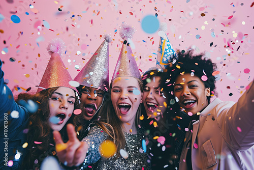 Close up group of people wearing party hats and glitter clothes on a pastel background with confetti, party