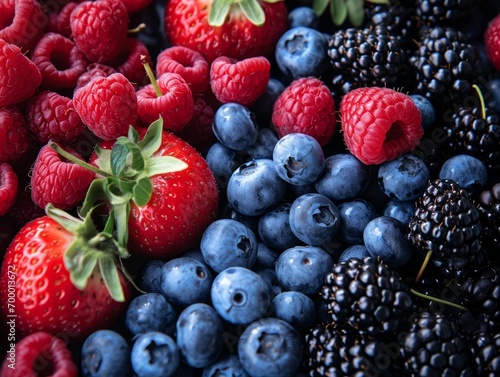 Fresh berries background. Blueberries, raspberries, blackberries and strawberries Generative AI