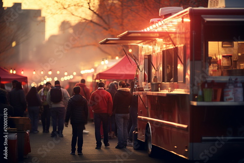 people standing around the food truck street food bokeh style background photo