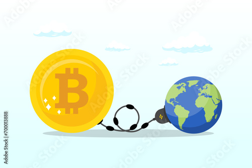 Big bitcoin with electric plug sucking energy from planet earth, cryptocurrency sustainability problem, bitcoin and crypto currency mining energy consumption not environment friendly (Vector)