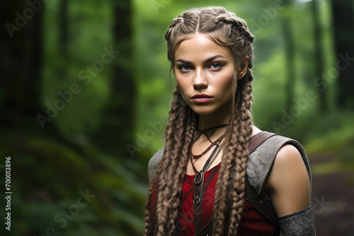 A young Viking huntress, in her late 20s, with her hair in a functional, tight fishtail braid, and minimalistic, yet symbolic, grey and red face paint. She stands in a lush green forest