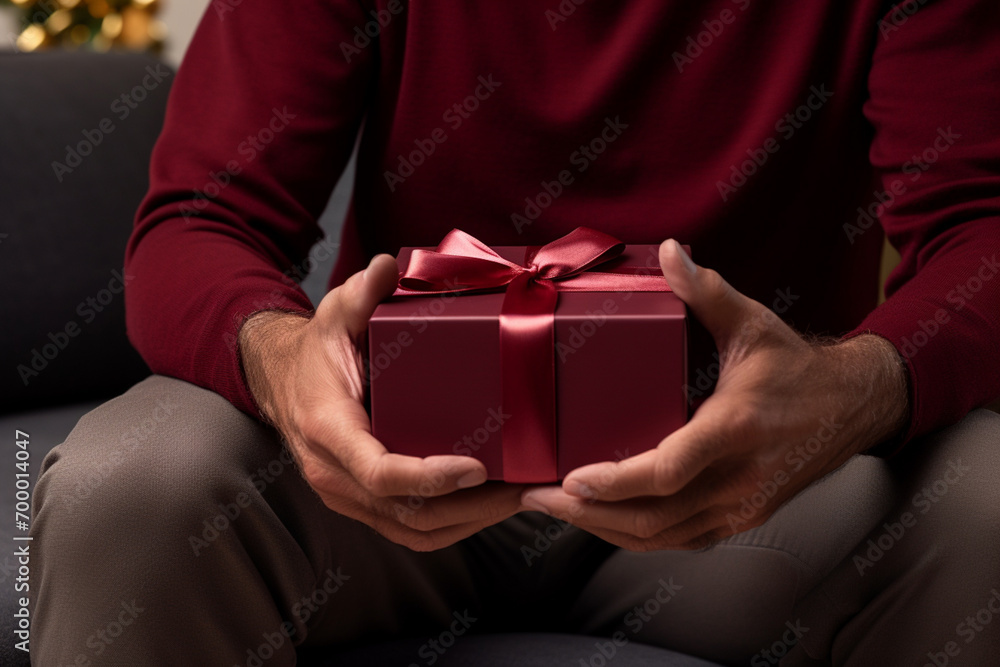 close up of a man hands holding red gift box bokeh style background close up of a man hands holding red gift box bokeh style background