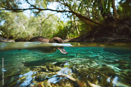 Snapshot of a platypus swimming in a clear, tranquil stream in the Australian bush, with the reflection of trees on the water photo