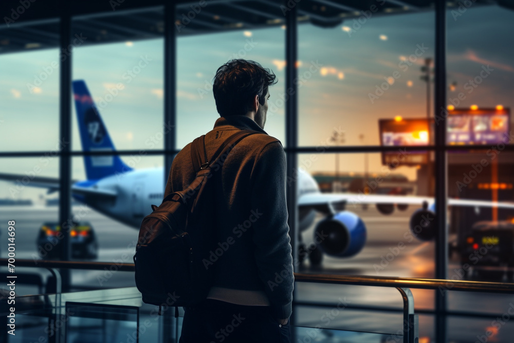 a male passenger standing at the airport bokeh style background a male passenger standing at the airport bokeh style background