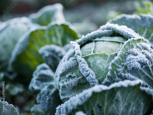 Cabbage covered with hoarfrost. Selective focus. Shallow depth of field. Generative AI