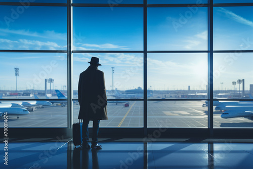 a male passenger standing at the airport bokeh style background © toonsteb