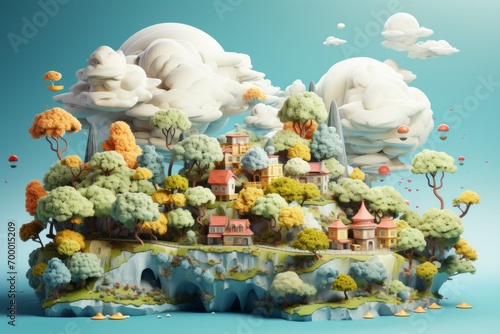 Playful Panoramic Wonderland with Floating Pastel Islands, isolated on Lemon Yellow background, Generative AI