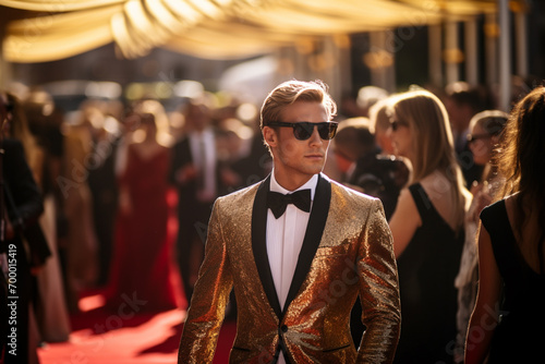 a male celebrity walking the red carpet bokeh style background photo