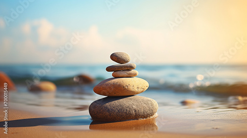 Balanced rock pyramid on pebbled beach with golden photo