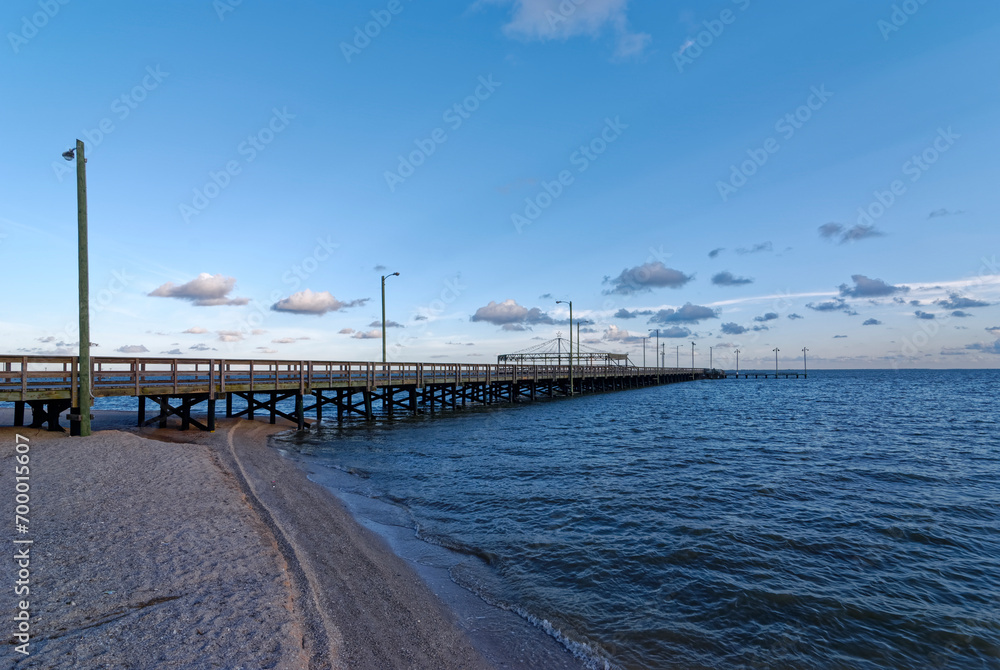 The Pier at Palacios, the City By The Sea on the Gulf Coast of Texas near to Rockport City on a late September Evening.