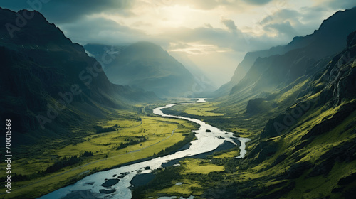 An aerial shot captures the majestic beauty of a meandering river flowing through the volcanic landscapes of Iceland, with mountains in the background
