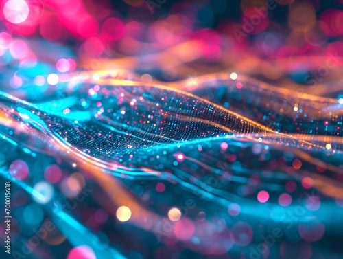 3d rendering of abstract particles wave with depth of field and bokeh lights Generative AI