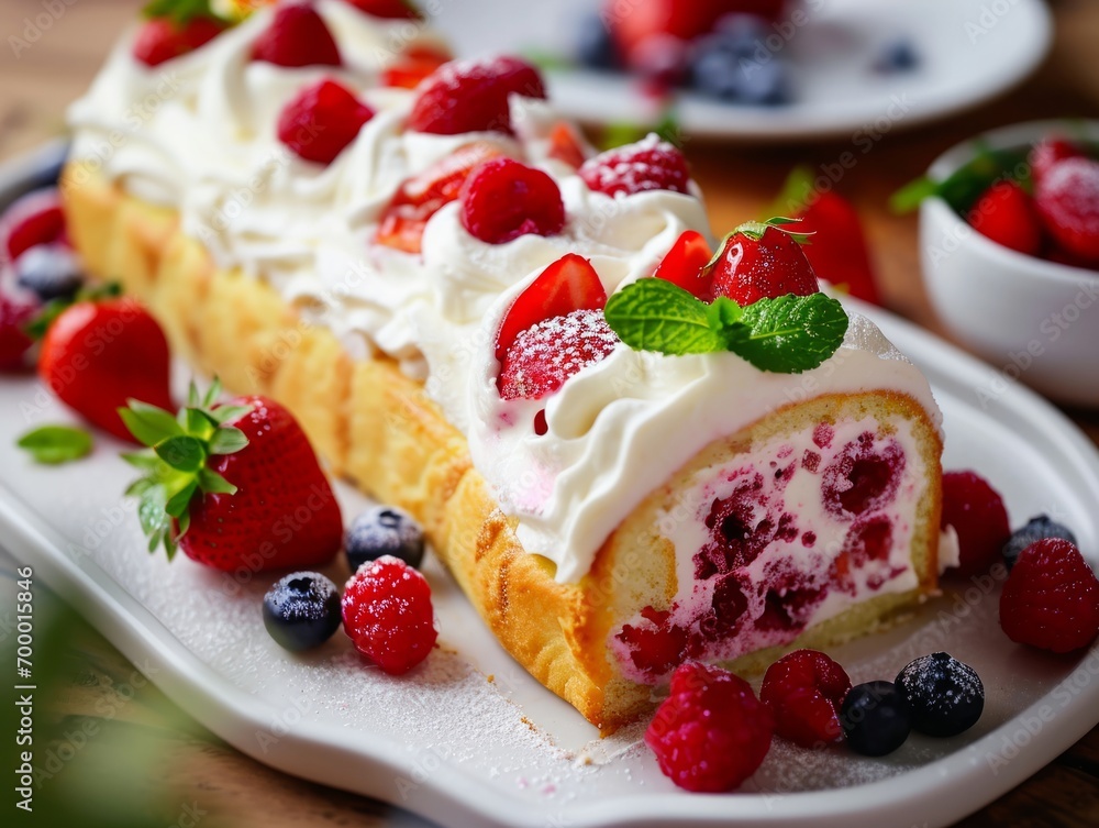 Cake with cream and fresh berries on a wooden background. Selective focus. Generative AI Cake with cream and fresh berries on a wooden background. Selective focus. Generative AI