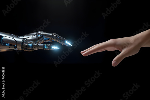 The human finger delicately touches the finger of a robot's metallic finger. Concept of harmonious coexistence of humans and AI technology photo