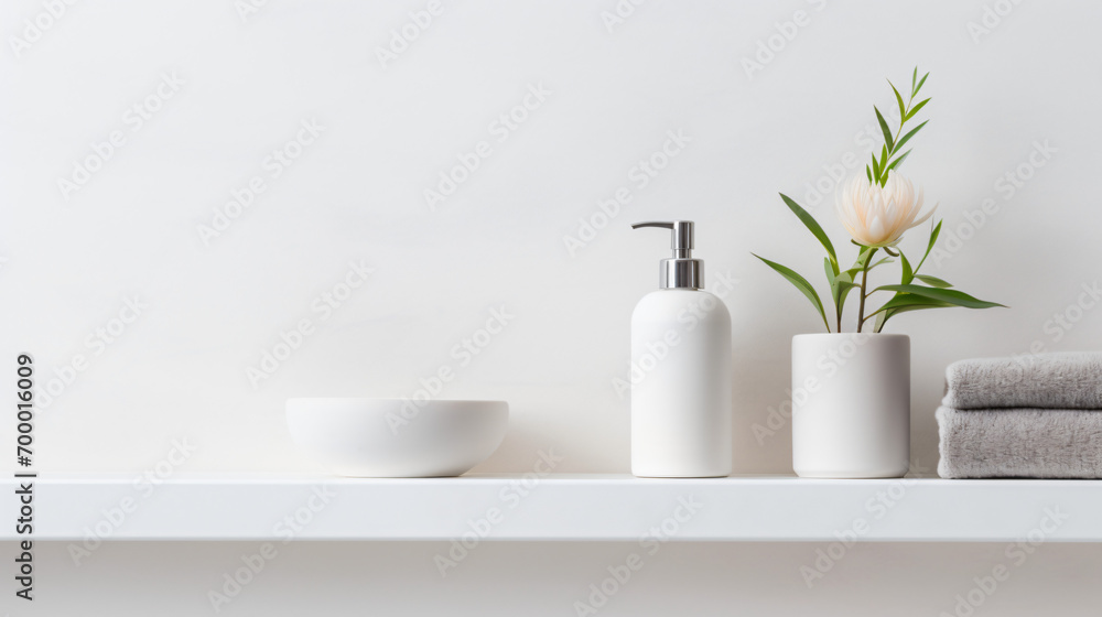 Bathroom accessories on a shelf in front of a white wall
