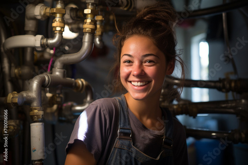 handywoman repairing pipe in the mechanical room bokeh style background