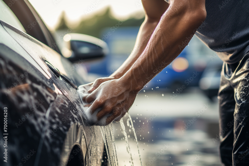 a man washing a car bokeh style background