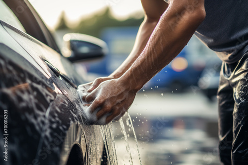 a man washing a car bokeh style background