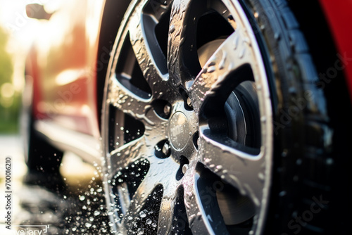 close up of car tire splashing in the water bokeh style background
