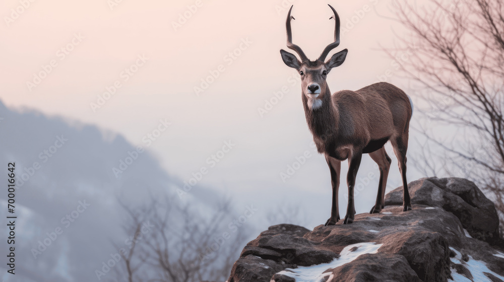 An Iberian ibex stands majestically on a rocky outcrop with the snow-capped mountains and hues of pink and purple dusk sky in the background
