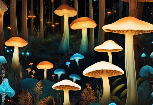 mysterious mushroom forest at night